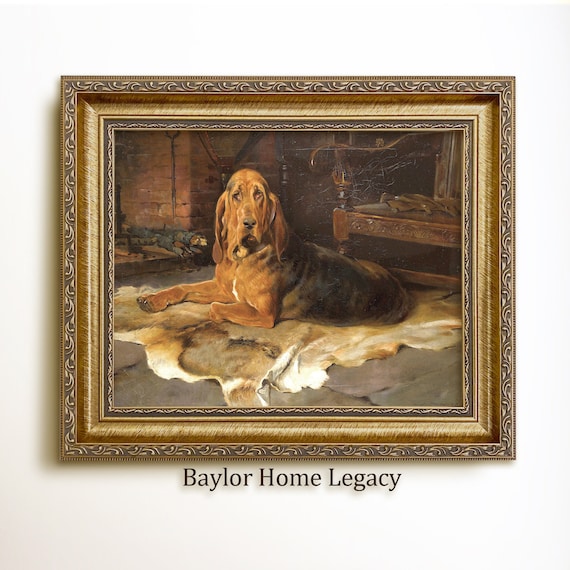 Bloodhound Laying on a Deerskin, Oil Painting Print