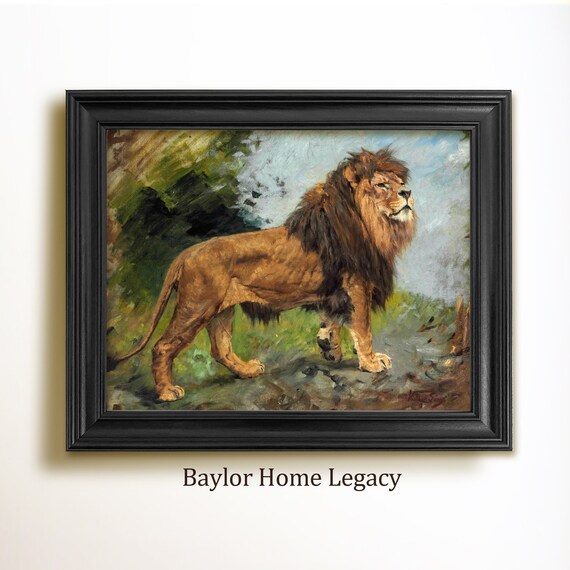 Majestic Lion Standing in Wild Landscape Vintage Wildlife Oil Painting Poster