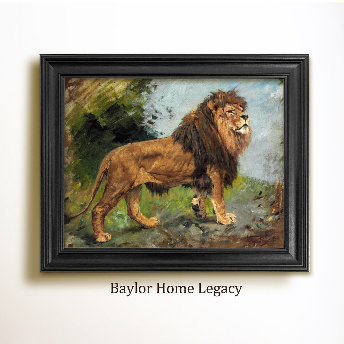 Majestic Lion Standing in Wild Landscape Vintage Wildlife Oil Painting Poster