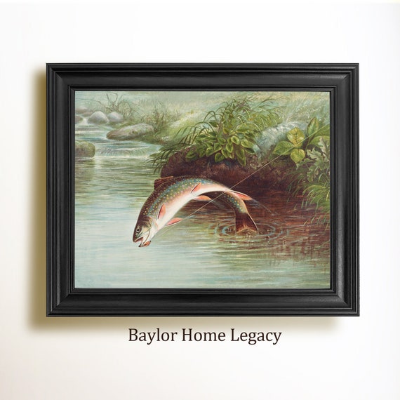 Framed Rainbow Trout Print On Vintage Fishing Scene With Stream And Rainbow Trout Rustic Leaping Trout Fishing Scene