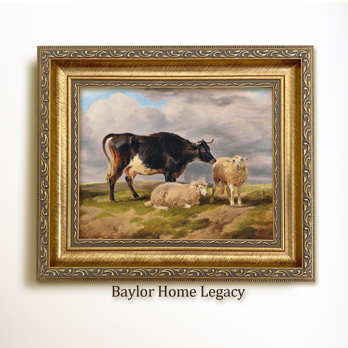 Cow and Sheep Antique Oil Painting Wall Art Print