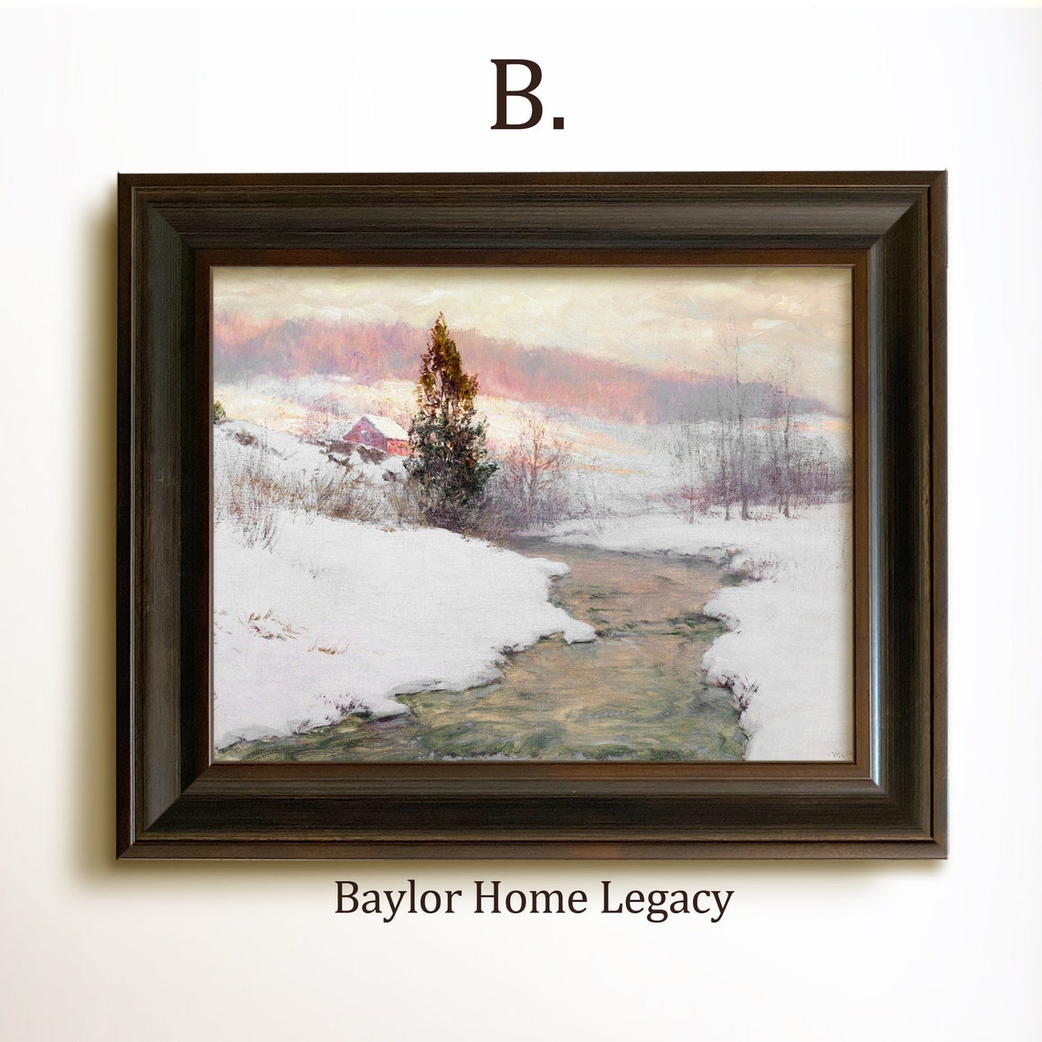 Winter Country Scene Snowy Stream Red Barn Vintage Landscape Painting - Image 4