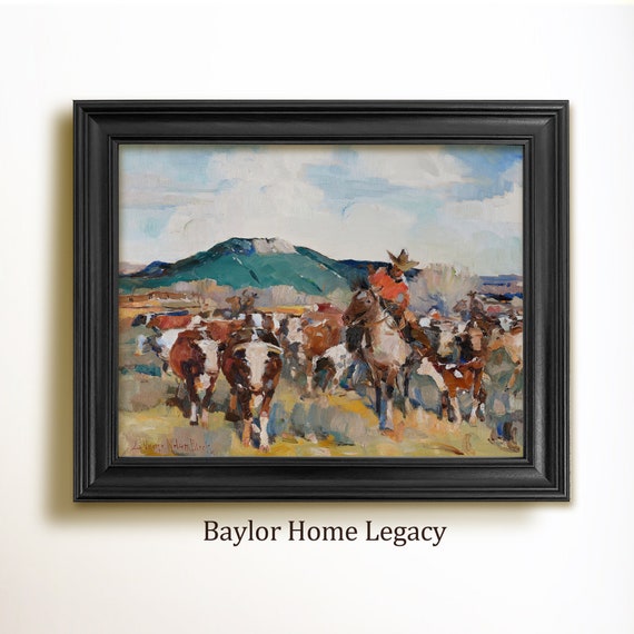 Framed Cowboy On A Cattle Drive Oil Painting Print On Vintage Longhorn Steer And Cowboy Artwork
