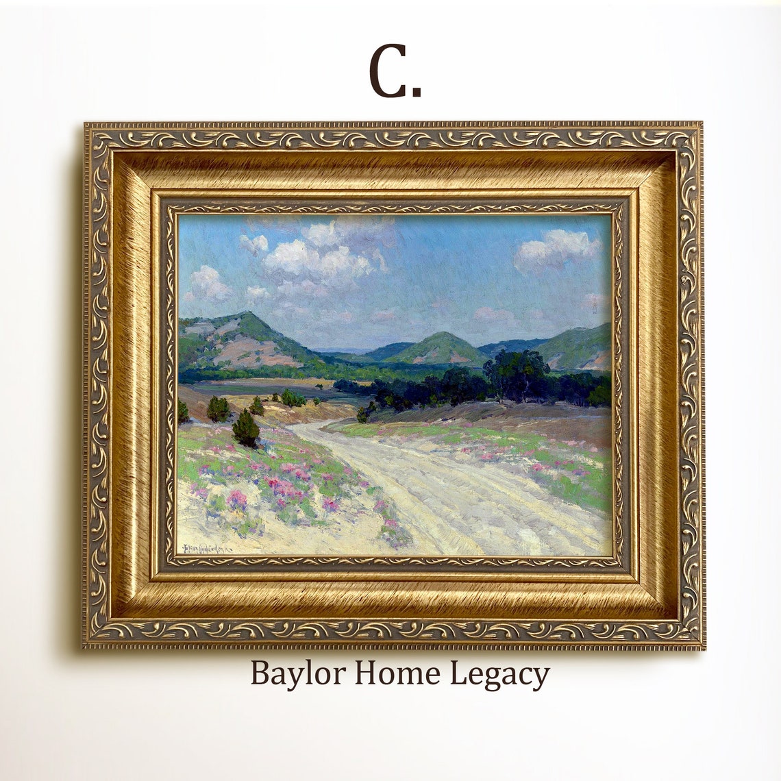 Framed Texas Landscape Oil Painting Print On Tx Hill Country Art Print Of Antique Painting In Wood Frame Texas Fine Art - Image 3