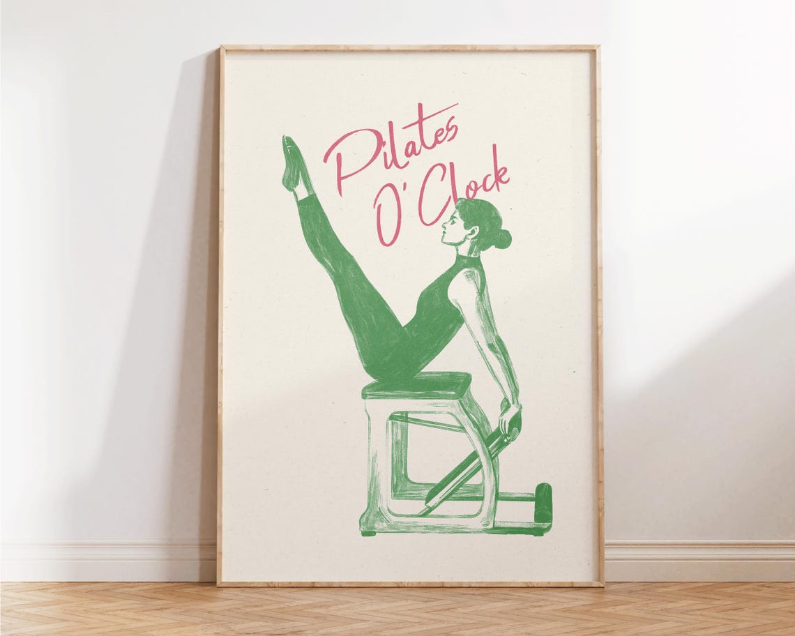 Pilates OClock Green Reformer Sketch Retro Fitness Studio Poster