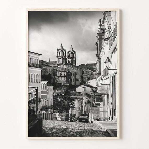 Brazil Colonial Street With Twin Church Towers Black And White Photo Print