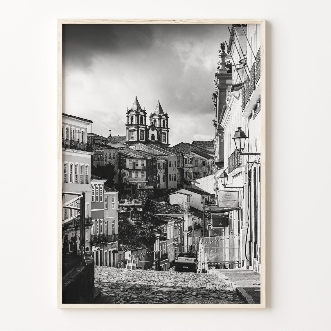 Brazil Colonial Street With Twin Church Towers Black And White Photo Print