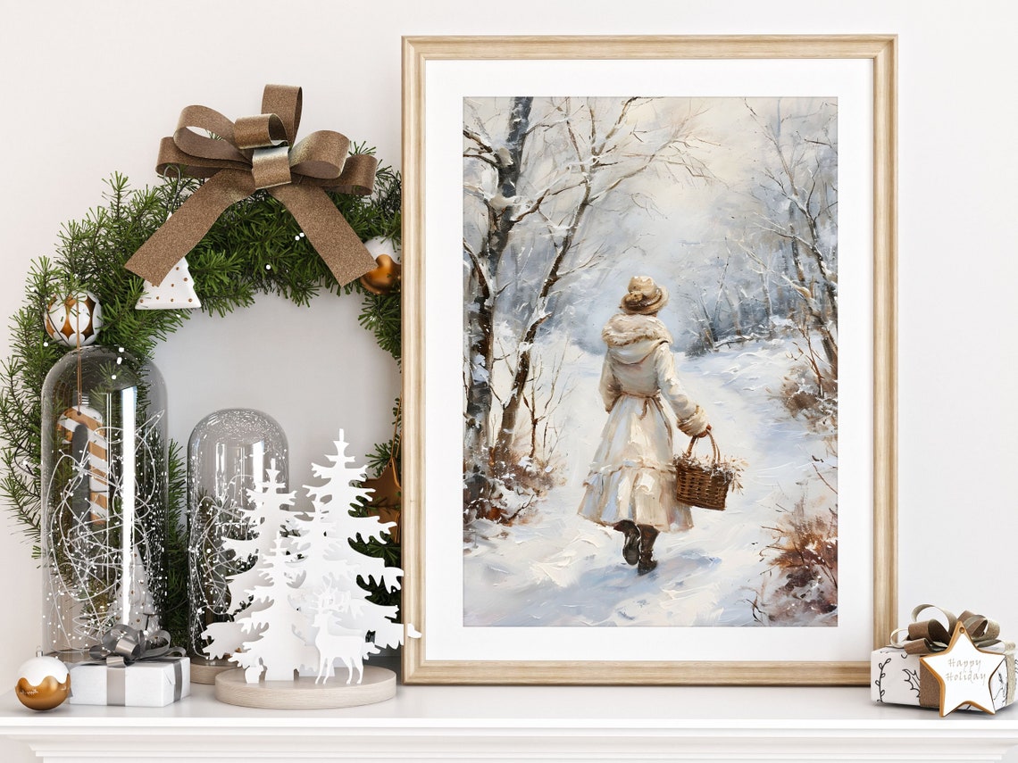 Woman Walking in Snowy Forest Vintage Winter Landscape Poster - Image 2