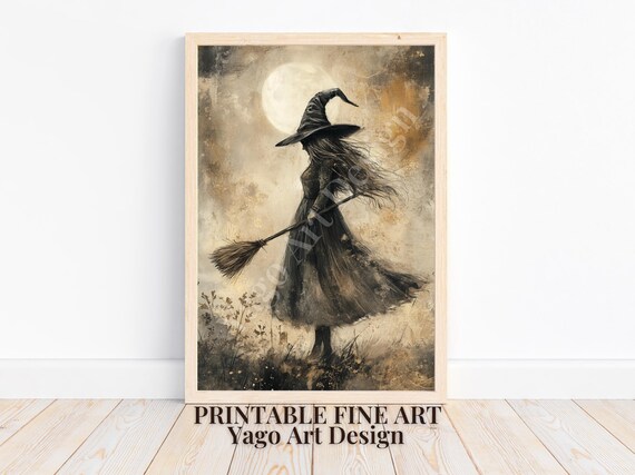 Elegant Witch with Broom under Moonlight Vintage Halloween Poster