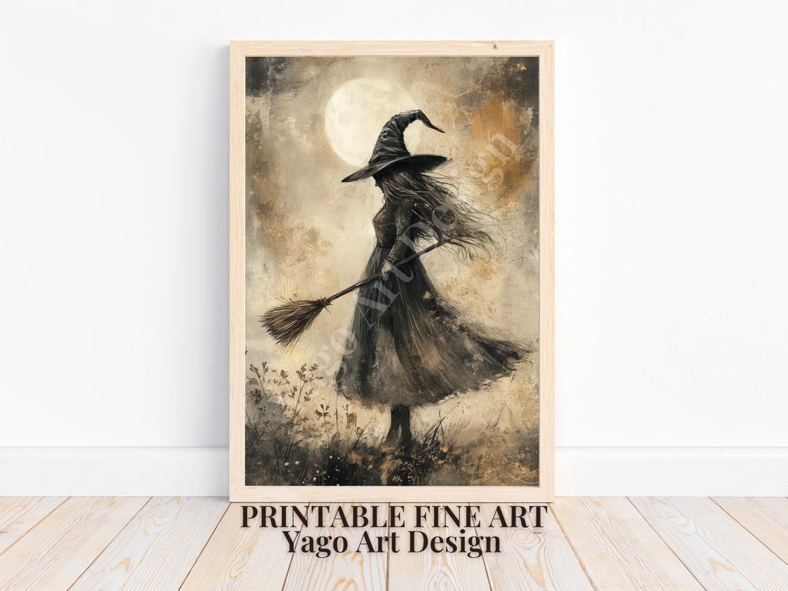 Elegant Witch with Broom under Moonlight Vintage Halloween Poster