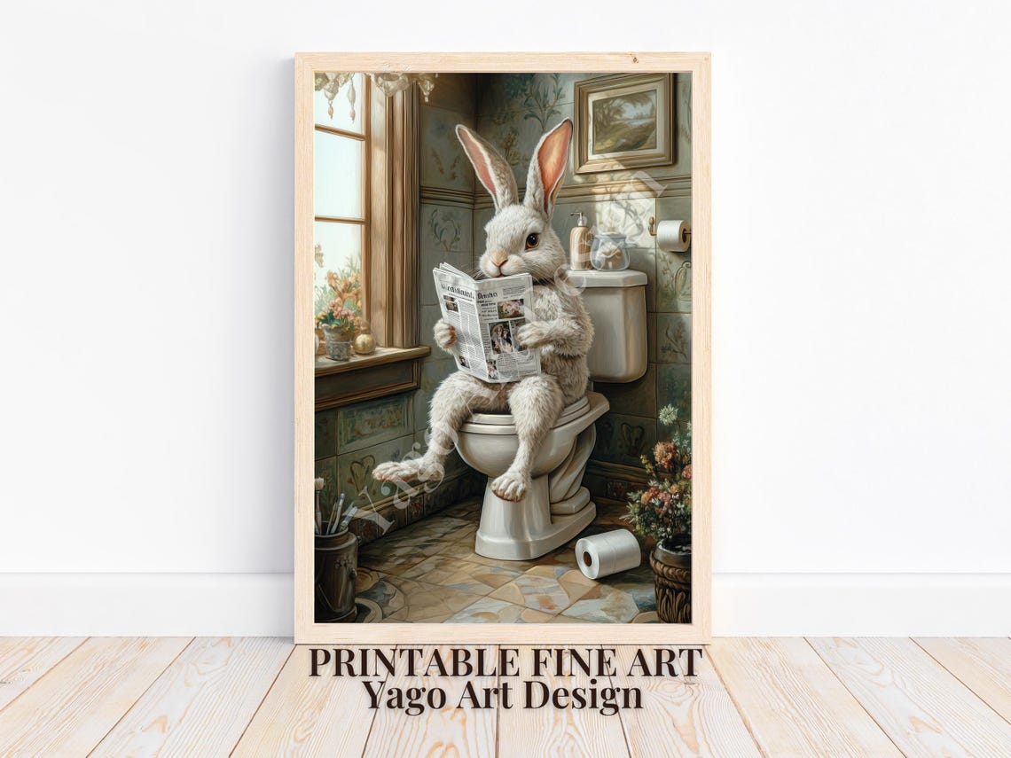 White Bunny On Toilet Reading Newspaper Funny Bathroom Poster - Image 4