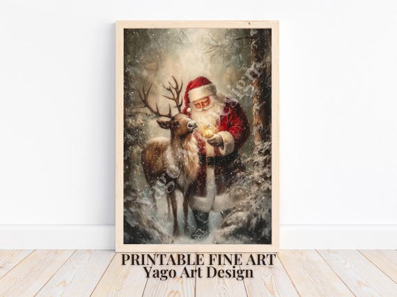 Santa And Reindeer Wall Art Print Antique Christmas Decor Moody Snowy Pine Tree Forest And Reindeer Oil Painting Rustic Farmhouse Decor