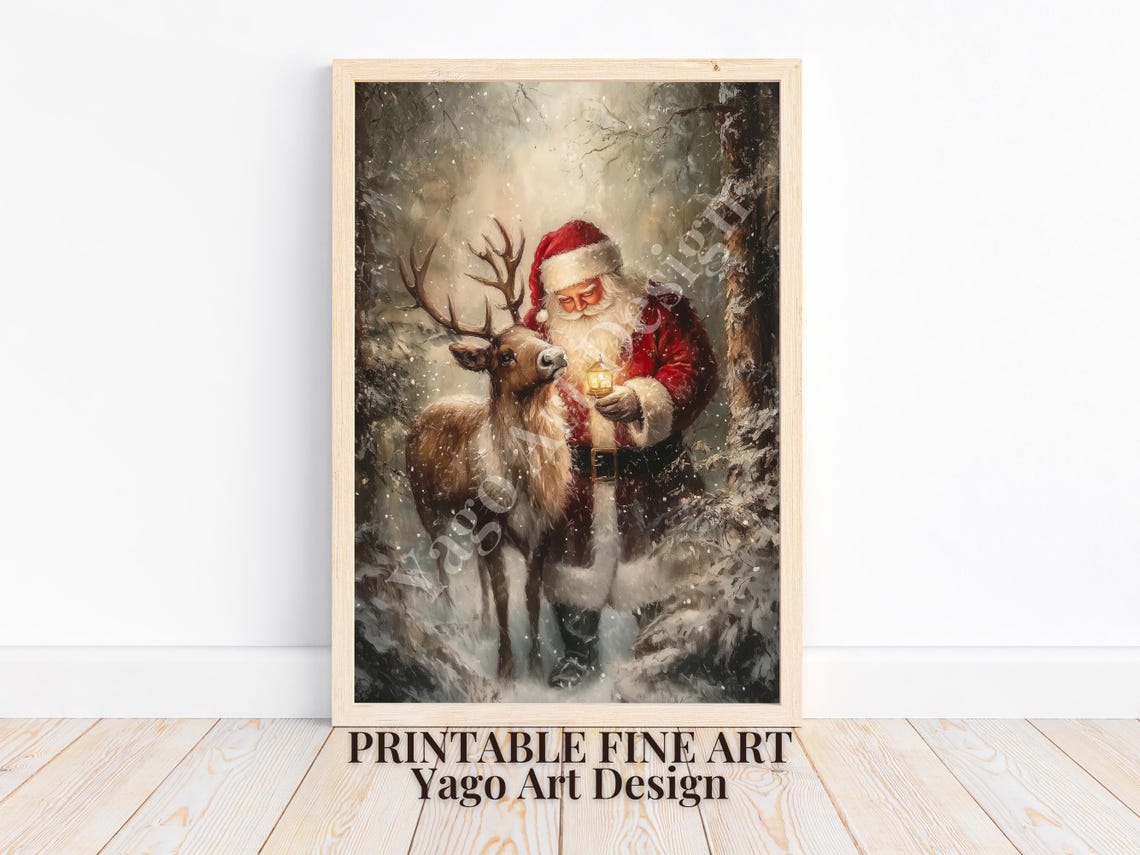 Santa With Lantern and Reindeer in Snowy Forest Vintage Art Poster