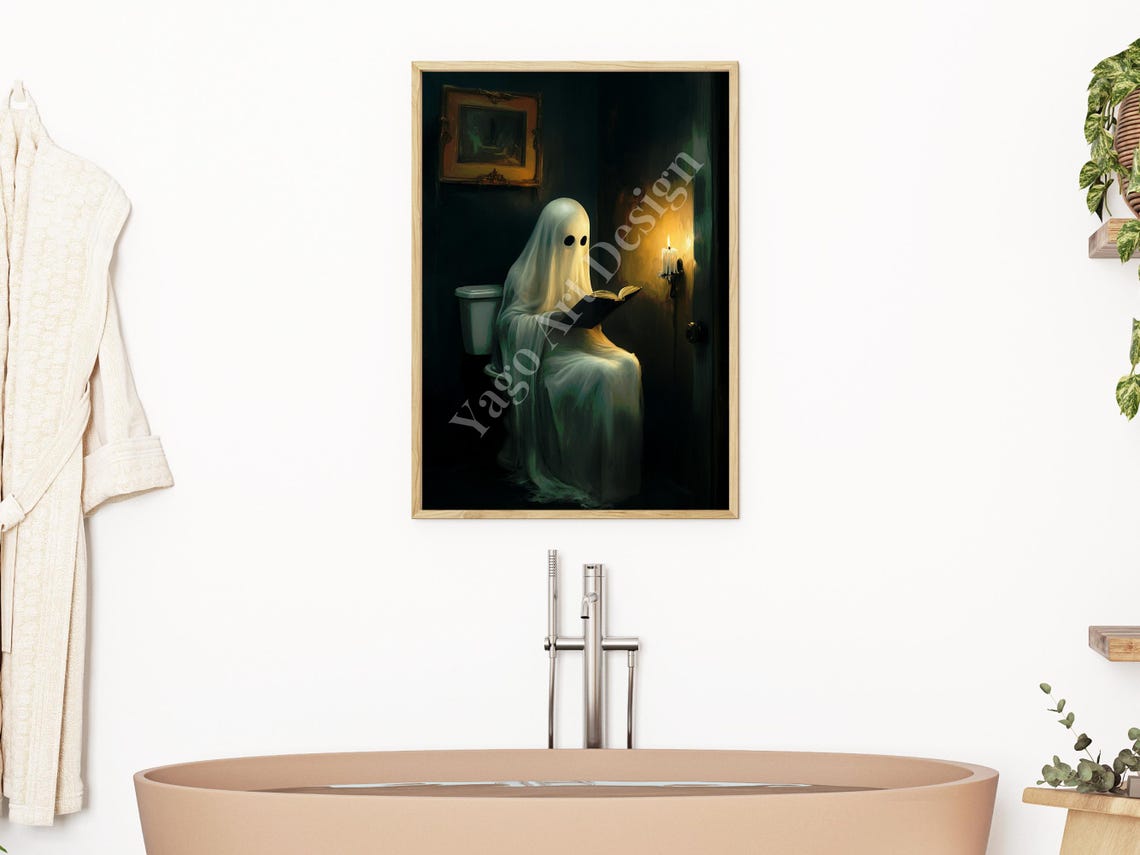 Cute Ghost Reading Book on Toilet by Candlelight Halloween Poster - Image 3