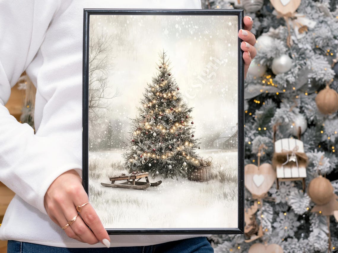Decorated Christmas Tree in Snowy Field Vintage Winter Art Poster - Image 4