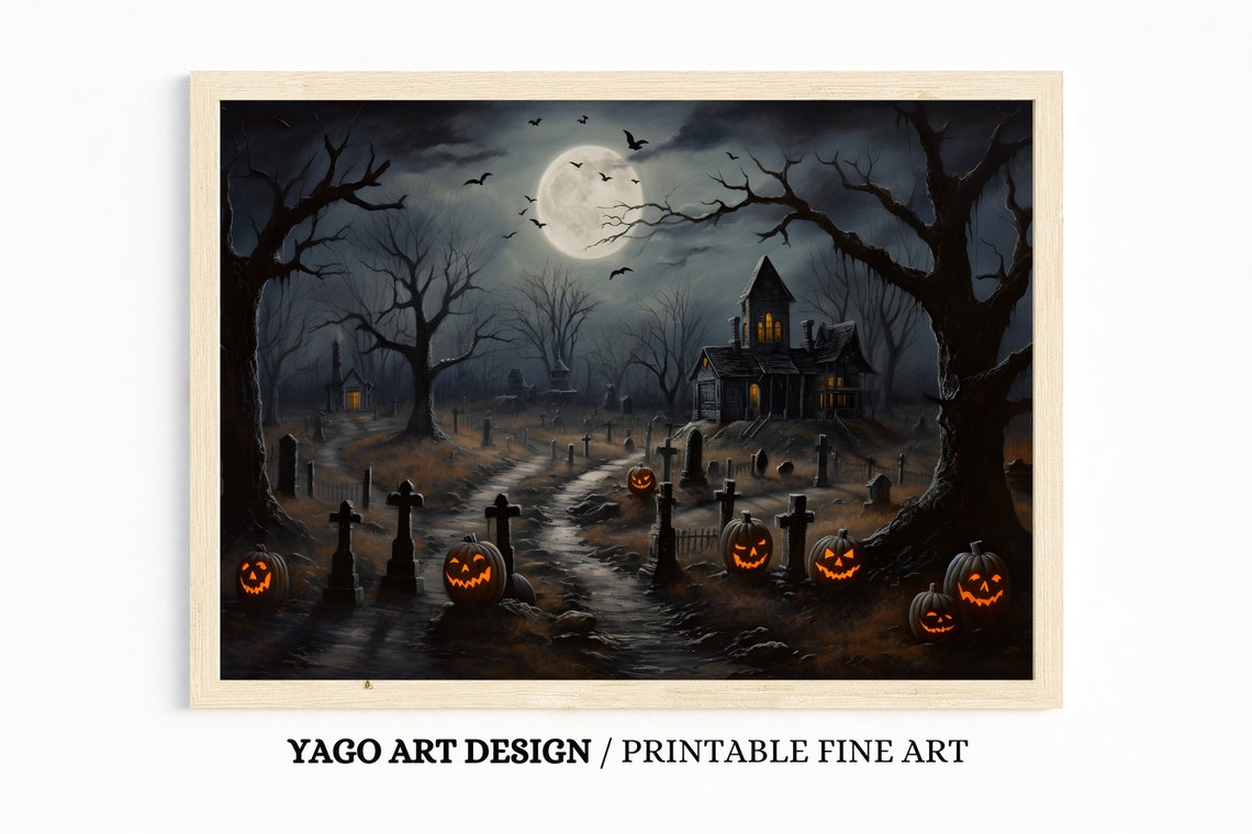 Haunted Graveyard with Jack O Lanterns Spooky Halloween Poster