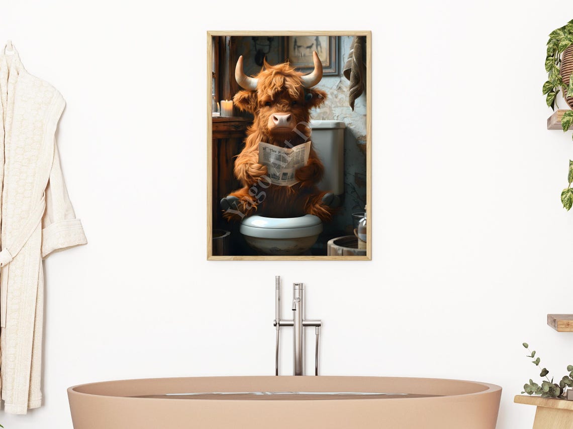 Highland Cow On Toilet Reading Newspaper Funny Bathroom Poster - Image 3