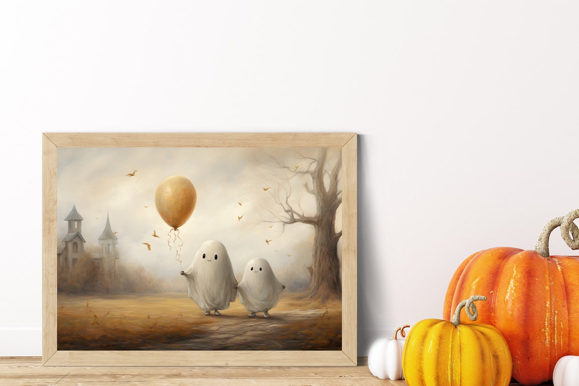 Cute Ghost Wall Art Print Halloween Art Print Ghost Holding Balloon Wall Decor Cute Ghosts In Field Autumn Wall Art Nursery Decor - Image 4