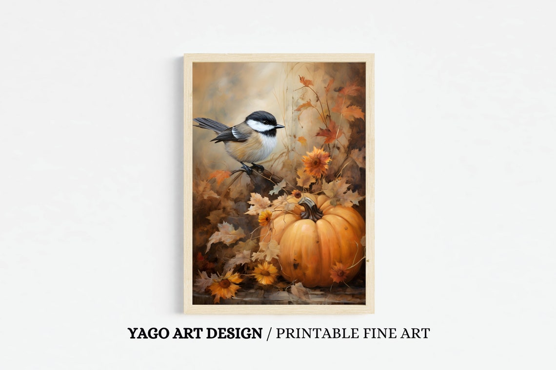 Chickadee with Pumpkin Autumn Leaves Fall Harvest Bird Poster