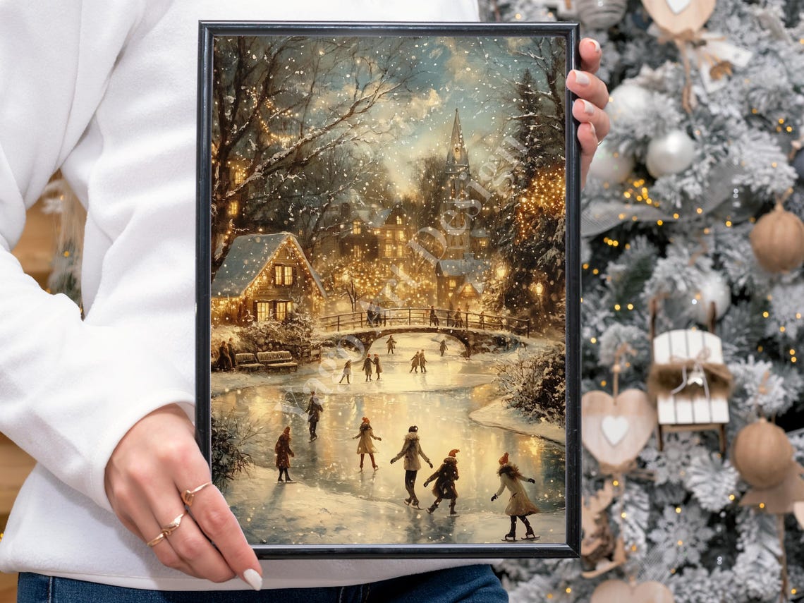 Winter Ice Skating Village Scene Poster Vintage Holiday Snow Art - Image 4