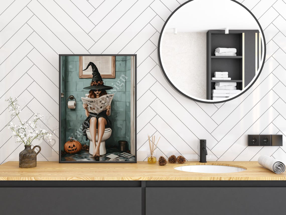 Witch Reading Newspaper on Toilet Halloween Bathroom Art Poster - Image 2