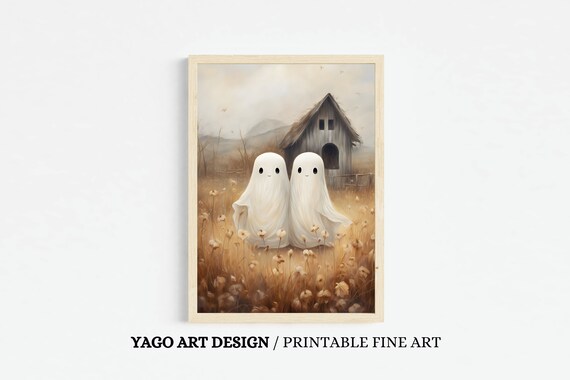 Two Cute Ghosts in Autumn Field Whimsical Halloween Art Poster