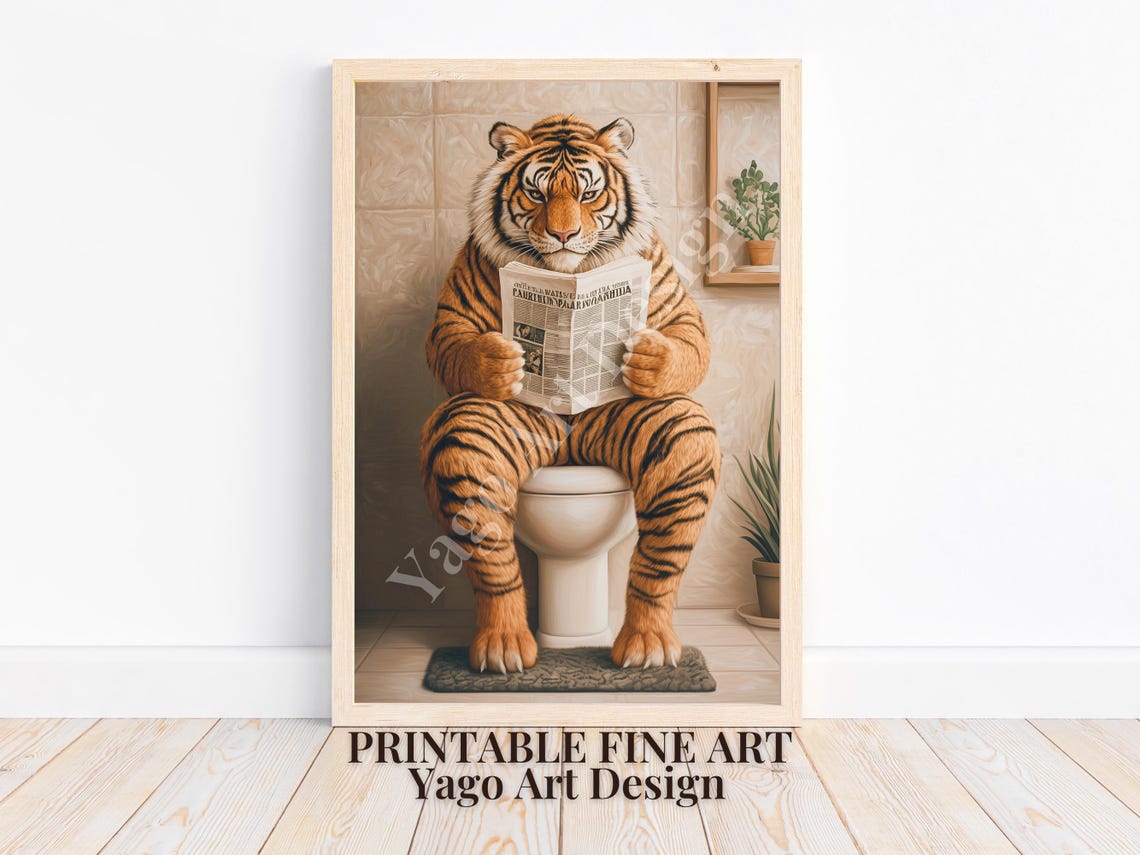Tiger Reading Newspaper on Toilet Poster Funny Bathroom Humor