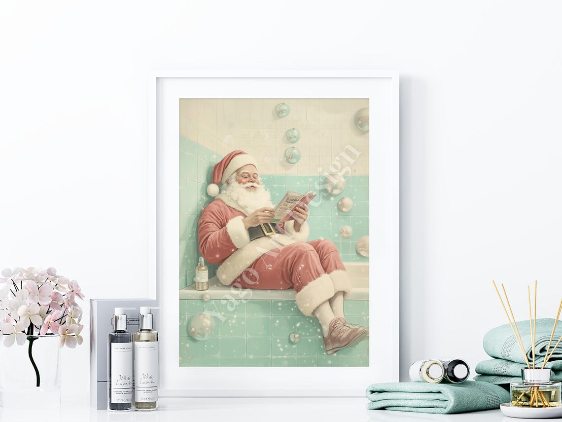 Santa Claus Relaxing on Bathtub Edge Reading Cozy Christmas Poster - Image 4