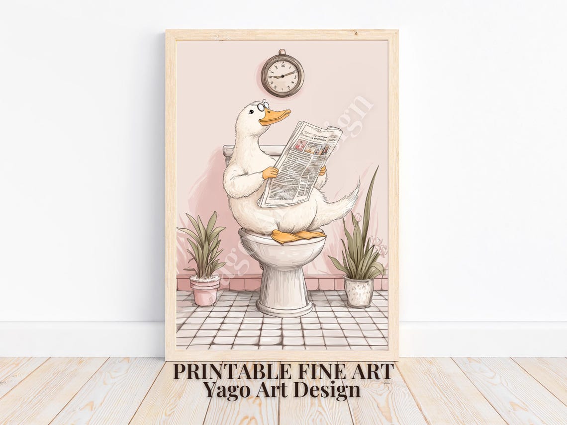 Cute Duck Reading Newspaper on Toilet Pink Funny Bathroom Poster