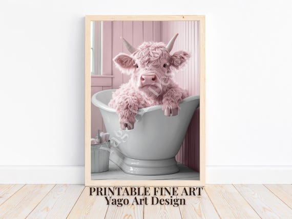 Pink Highland Cow Sitting In Bathtub Trendy Cow In Bathroom Cute Minimalist Bathroom Print Animal Poster Trendy Girly Wall Decor