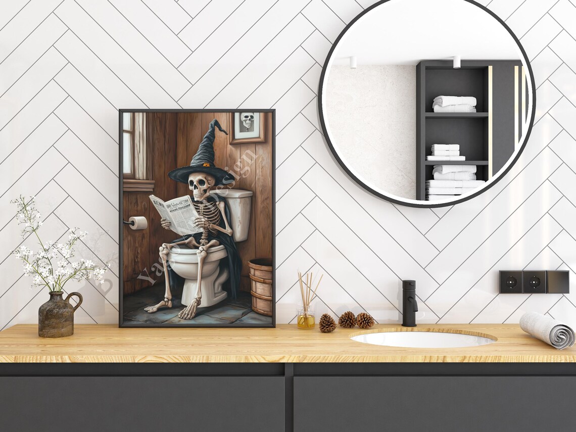 Cute Skeleton On Toilet Halloween Bathroom Art Print - Image 2