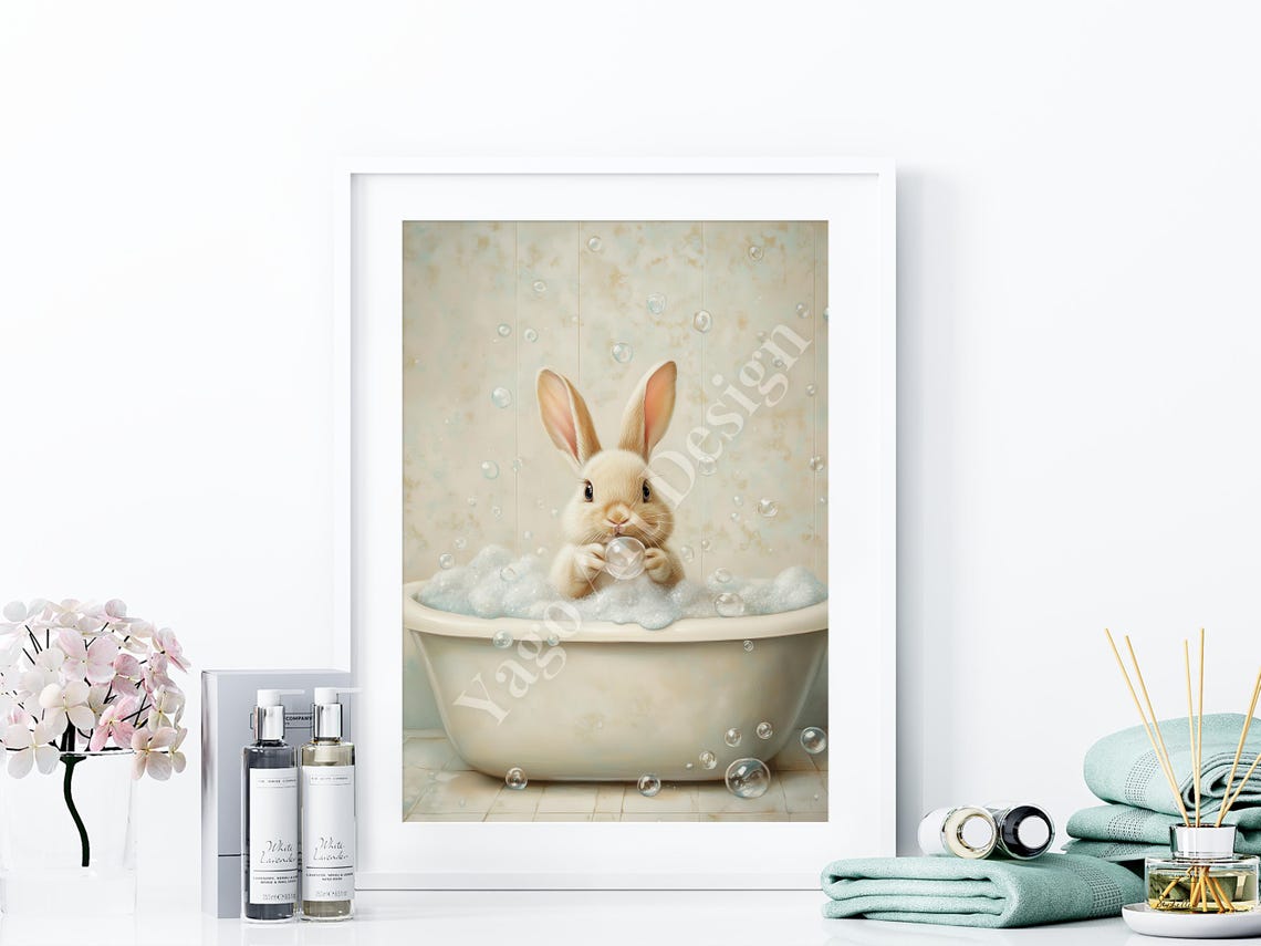 Easter Bunny In Bathtub Wall Art Print Rabbit In Bathroom Wall Decor Bathroom Animal Art Prints Funny Bathroom Decor Cute - Image 4