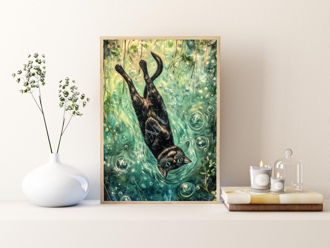 Black Cat Swimming Upside Down Green Pond Bubbles Funny Poster - Image 3
