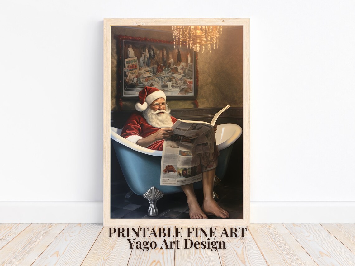 Santa In Blue Bathtub Reading Newspaper Funny Christmas Poster