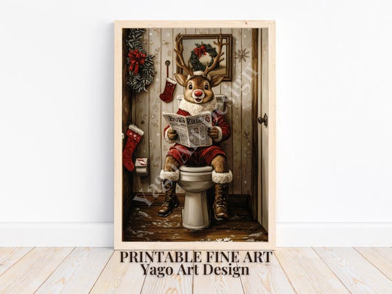 Rudolph On Toilet Print Reindeer In Bathroom Wall Decor Bathroom Animal Art Prints Cute Bathroom Decor