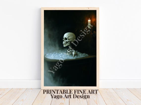 Skeleton Art Skeleton Bathing Time Skeleton In Bathtub Vintage Bathroom Print Gothic Halloween Victorian Painting Moody Skeleton Art