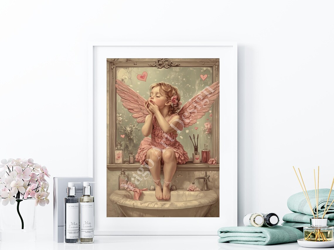 Pink Angel Girl Blowing Kisses Vintage Vanity Bathroom Poster - Image 3