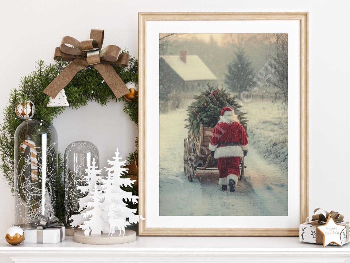 Santa Hauling Christmas Tree in Snow Poster Vintage Winter Scene - Image 2