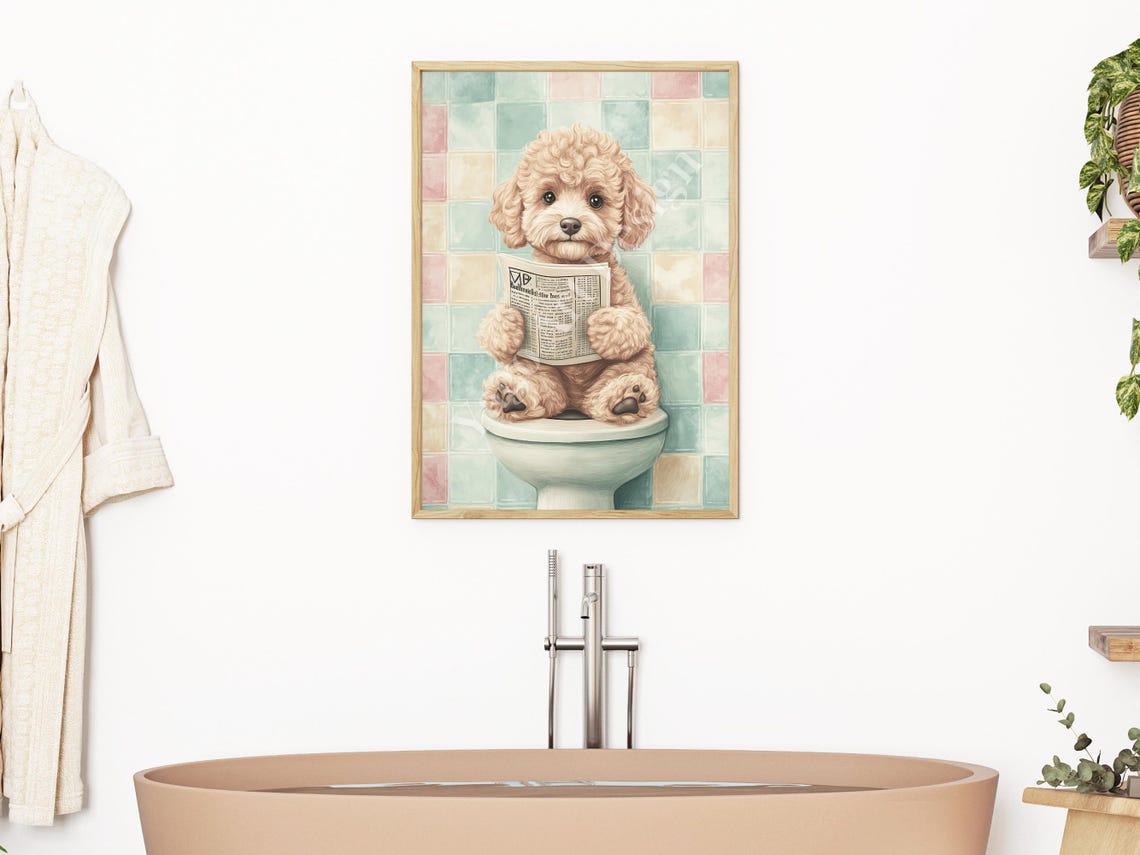 Cute Goldendoodle Puppy Reading Newspaper on Toilet Pastel Poster - Image 2