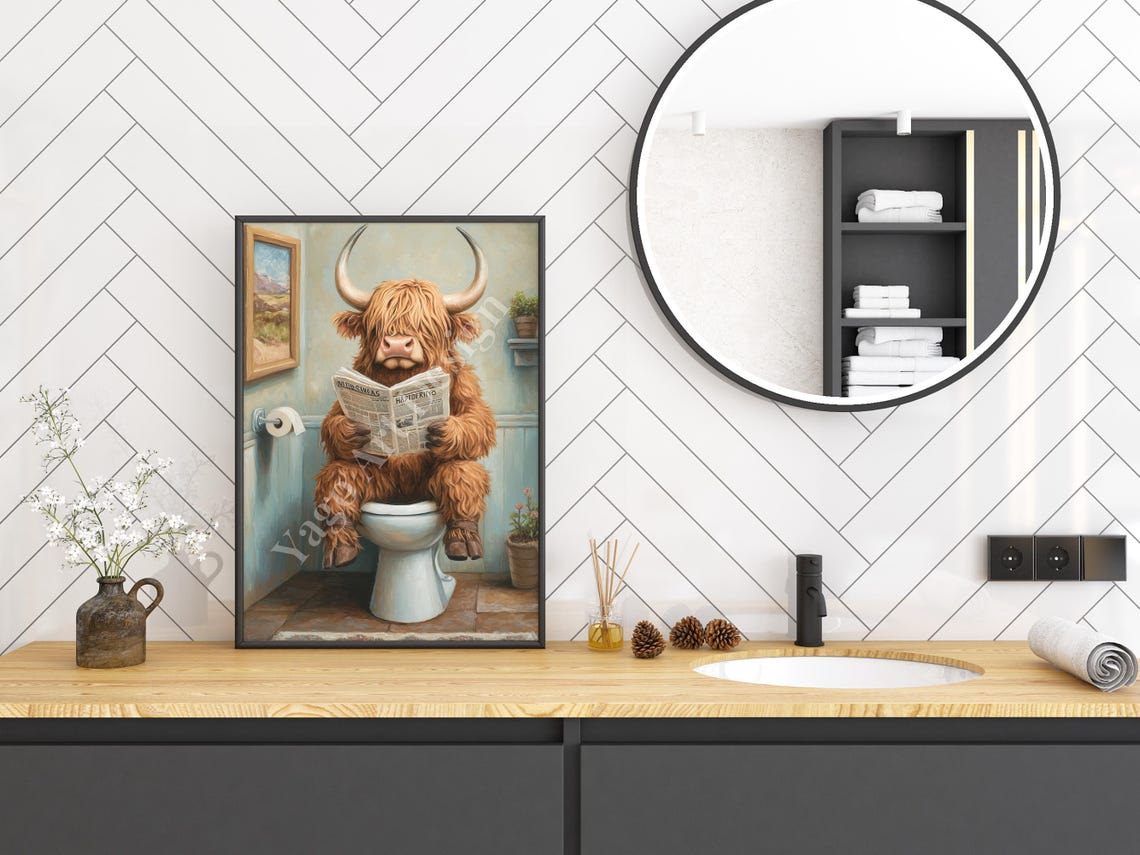 Highland Cow Sitting On Toilet Art Print Funny Bathroom Print Animal On Toilet Poster Whimsy Animal Wall Art Modern Pastel Fine Painting - Image 3