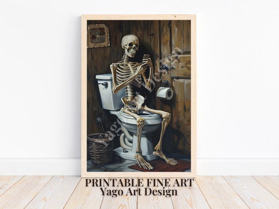Vintage Skeleton Toilet Phone Poster, Halloween Humor