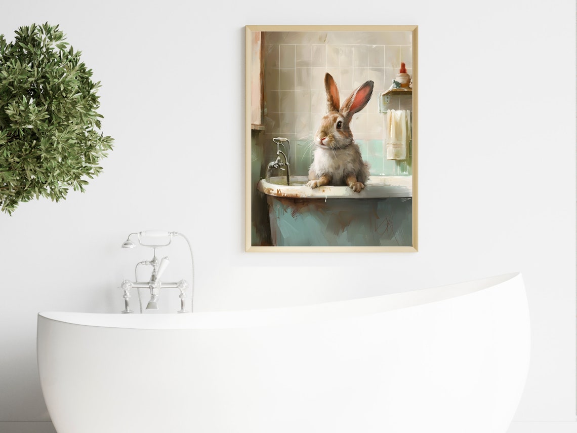Bunny Rabbit Sitting In Vintage Bathtub Funny Bathroom Print - Image 4