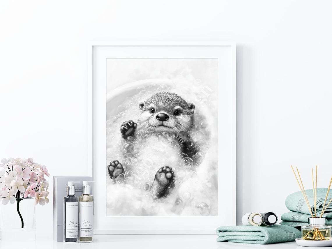 Baby Otter Bubble Bath Poster Minimalist Black White Nursery Art - Image 4