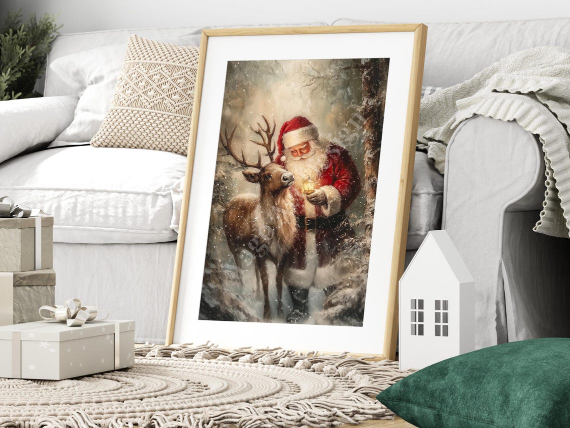 Santa With Lantern and Reindeer in Snowy Forest Vintage Art Poster - Image 3