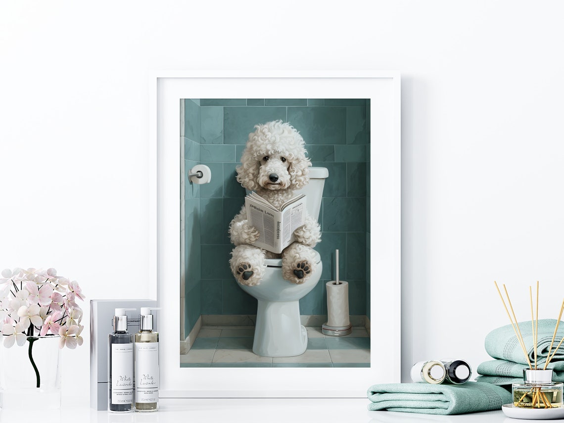 White Poodle Reading Book on Toilet Funny Bathroom Wall Poster - Image 4