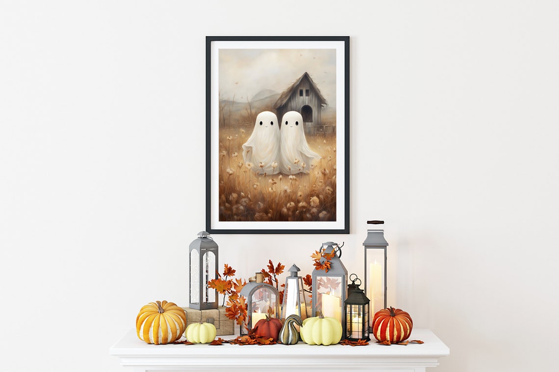 Two Cute Ghosts in Autumn Field Whimsical Halloween Art Poster - Image 2