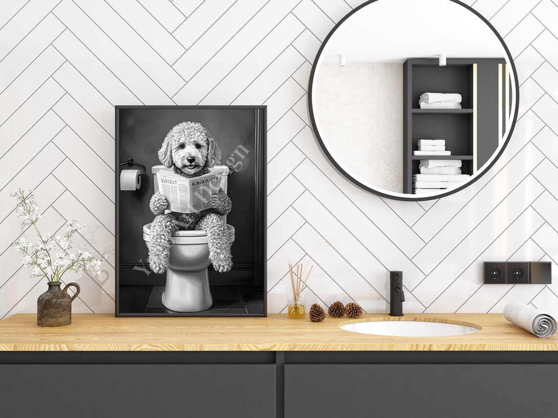 Goldendoodle Dog Reading Newspaper on Toilet Dark Bathroom Poster - Image 2
