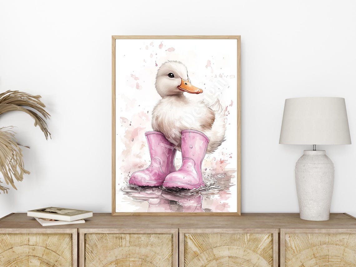 Duckling in Pink Rain Boots Splashing in Puddle Watercolor Poster - Image 2