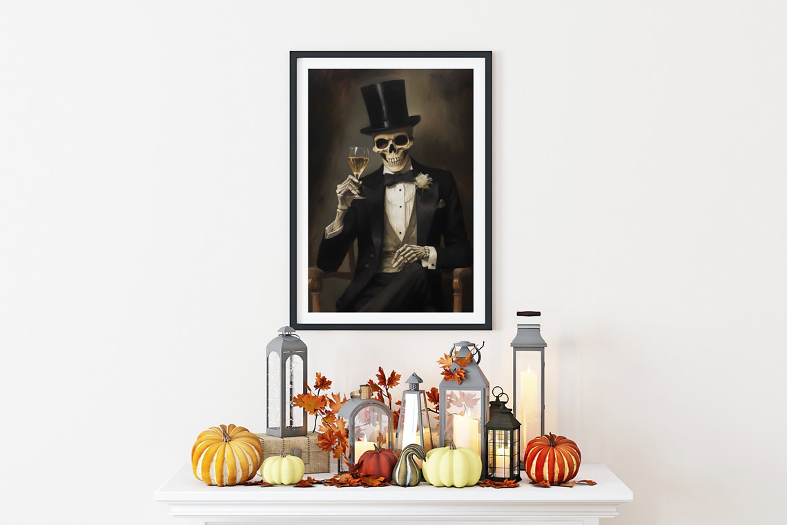 Elegant Skeleton Gentleman Champagne Top Hat Gothic Halloween Poster - Image 2