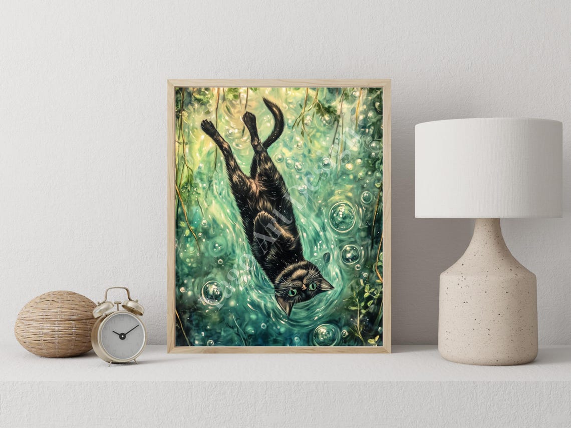 Black Cat Swimming Upside Down Green Pond Bubbles Funny Poster - Image 4